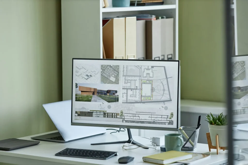 Arbeitsplatz mit CAD-Plänen am Bildschirm
