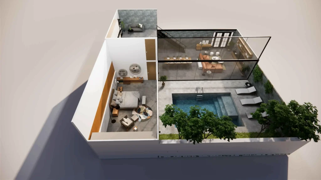3D-CAD-Modell eines Einfamilienhauses mit Pool