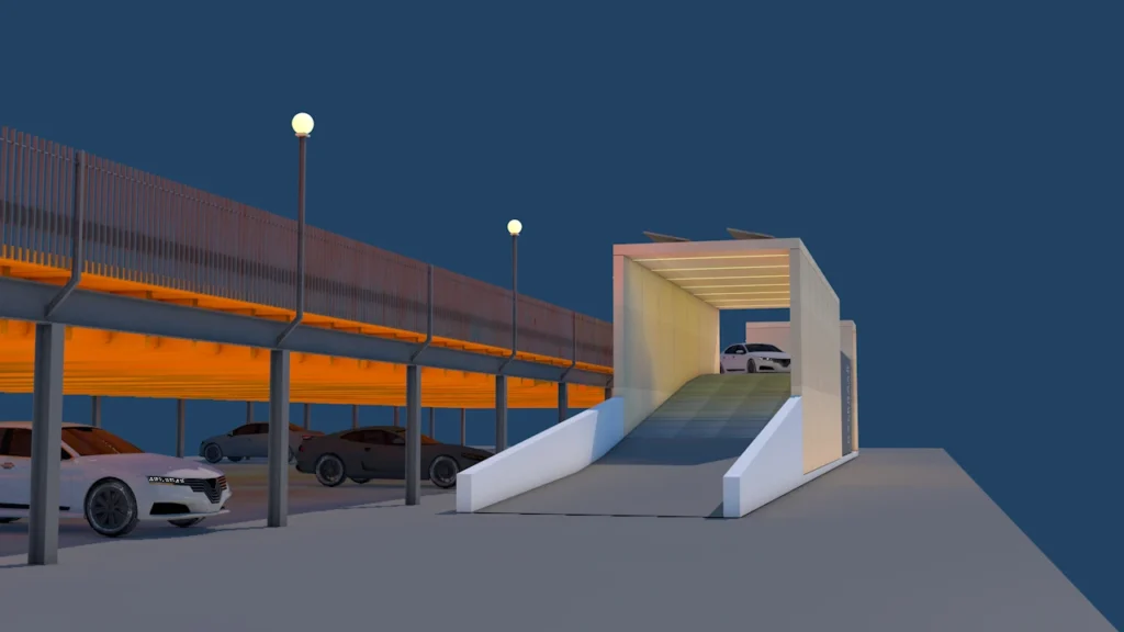 3D-Modell der Zufahrtsrampe eines Parkdecksystems